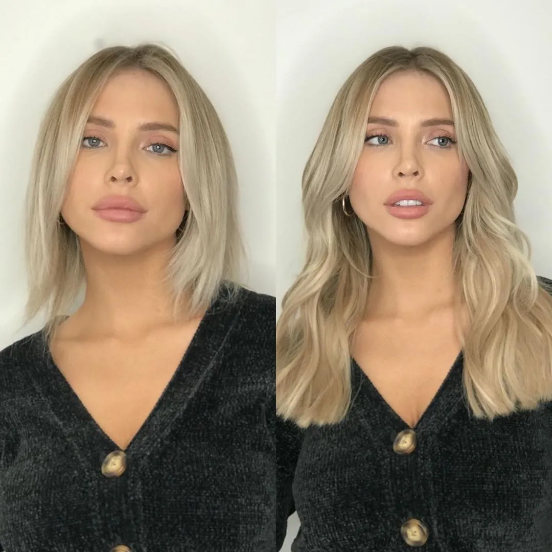 Vorher-Nachher Haarverlängerung bei Address Beauty in Leverkusen: Bob wird zu langen blonden Wellen