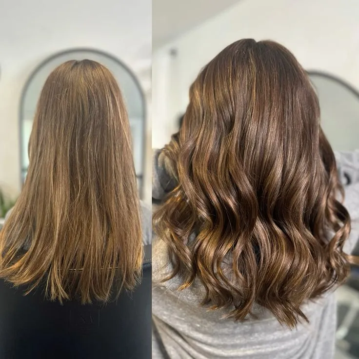 Vorher-Nachher bei Address Beauty in Leverkusen: glattes Haar wird zu warmem Braun mit weichen Wellen