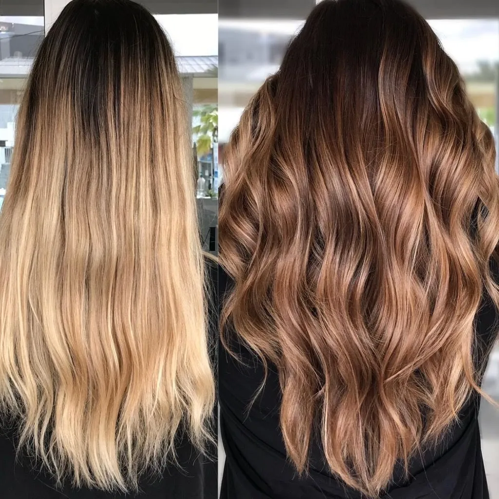 Vorher-Nachher Balayage bei Address Beauty in Leverkusen: ausgewachsenes Blond wird karamellfarben