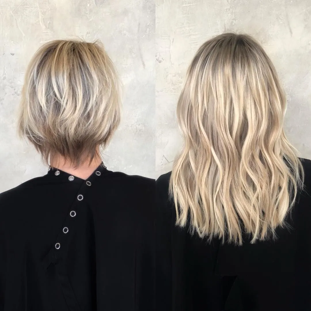 Vorher-Nachher Extensions bei Address Beauty in Leverkusen: Kurzhaarschnitt wird zu schulterlangem Blond
