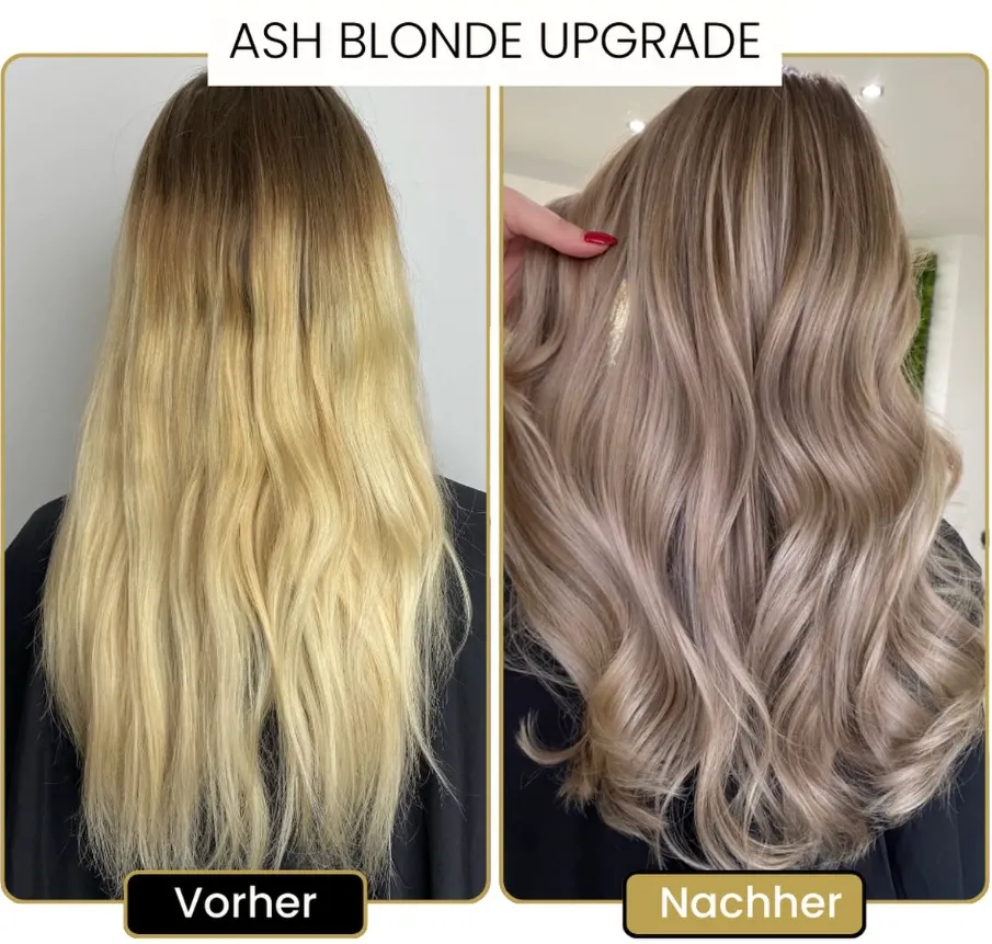 Vorher-Nachher Blondierung bei Address Beauty in Leverkusen: warmes Goldblond wird zu kühlem Aschblond