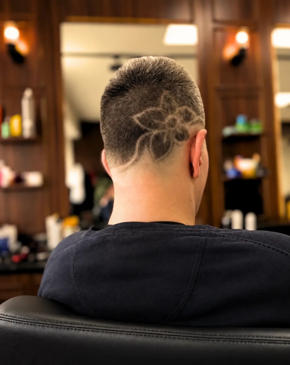 Line Design bei Murat Türkan Barber in Leverkusen: Blumenmotiv freihand in einen Buzzcut rasiert