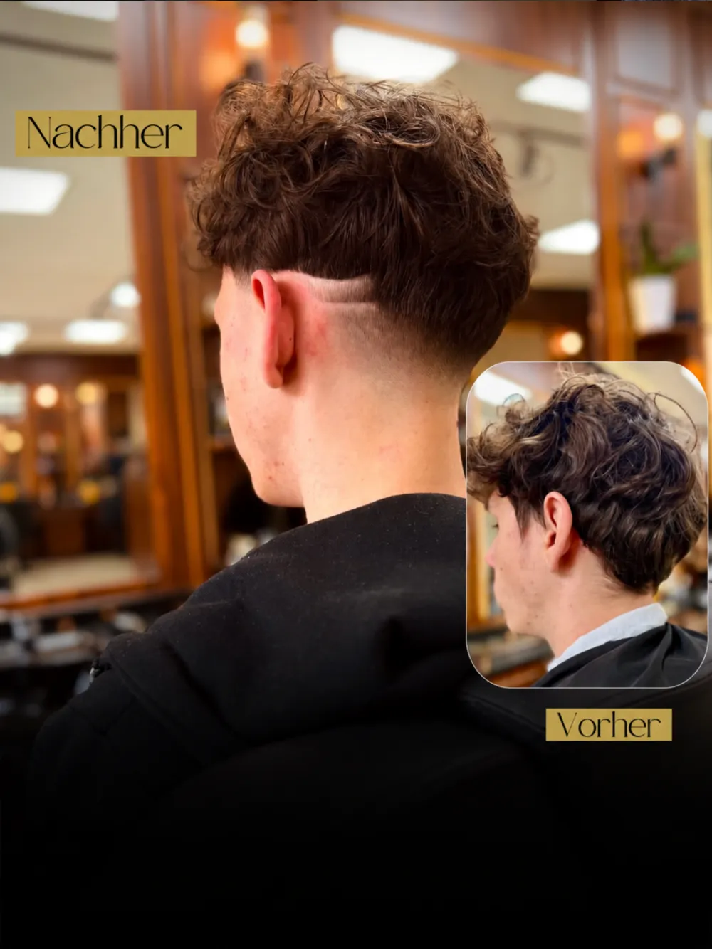 Vorher-Nachher Lockenschnitt bei Murat Türkan Barber in Leverkusen: lockiges Deckhaar mit neu gesetztem Übergang im Nacken